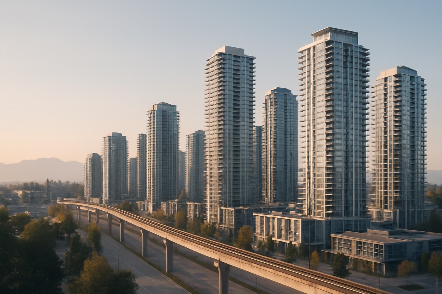 Surrey City Centre towers and SkyTrain guideway, Surrey