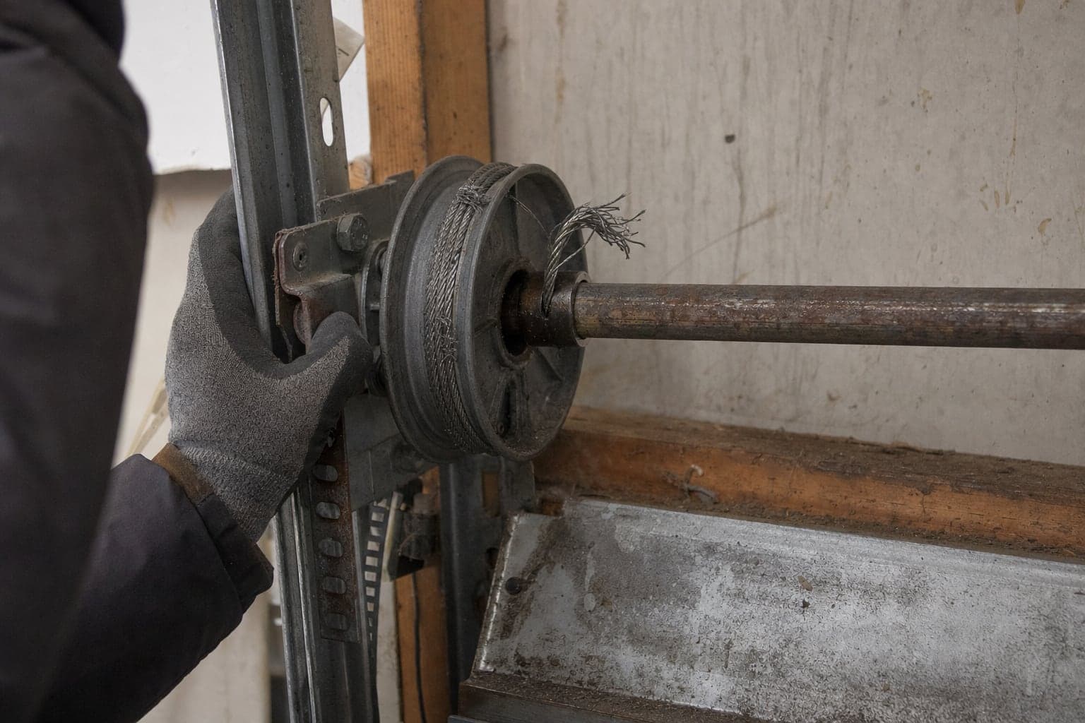 Frayed lift cable on a garage door cable drum